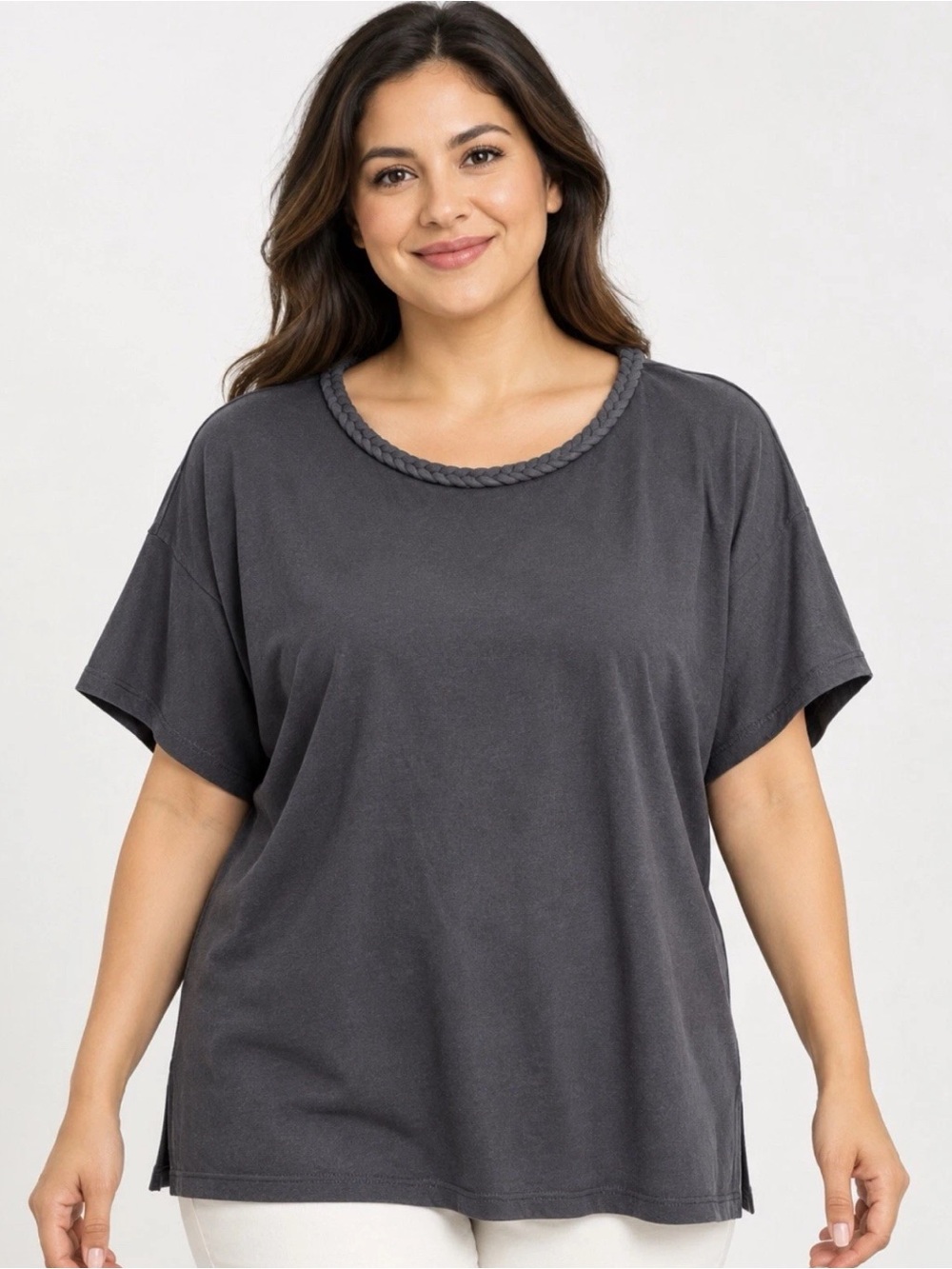 Denim & Co Beach Braided Neck, 100% Cotton Top Black Large A727108